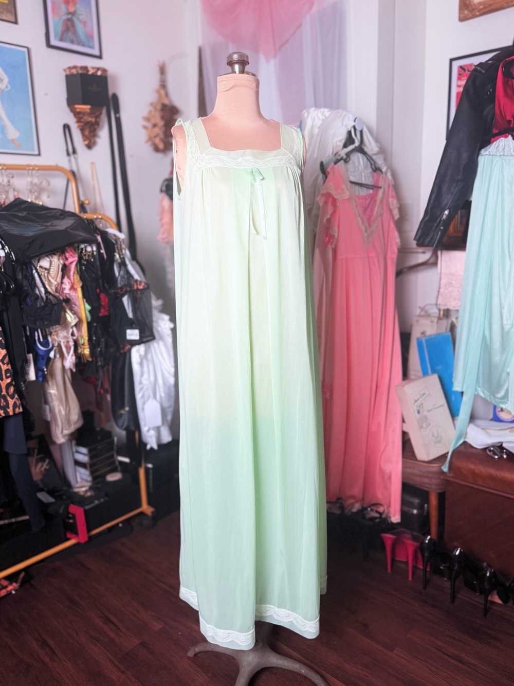Vintage 1960’s Women's Mint Green Lace-Trim Nightgown Sheer